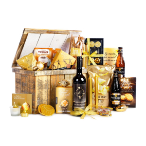 Een geschenkpakket met eten en drinken voor mannen en vrouwen