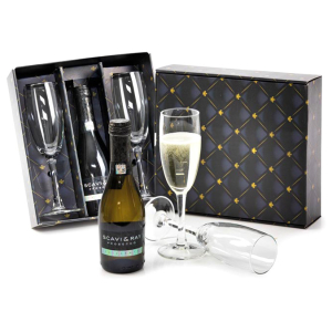 Prosecco wijnpakket met fles wijn en twee wijnglazen in een luxe wijnbox